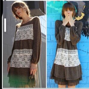 Brown and White Lace Sweater Dress with Ruffle Underskirt
